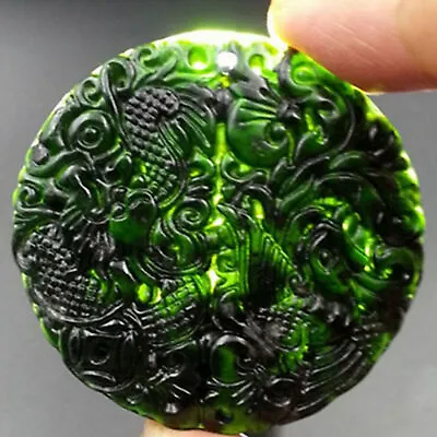 Natural Black Green Jade Carved Dragon Phoenix Pendant Necklace Amulet Jewelry • £3.59