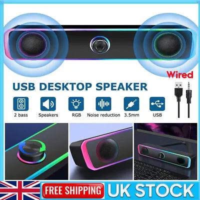 Wired Computer Speaker Sound Bar Subwoofer USB Stereo For Tablets Laptop Desktop • £11.99