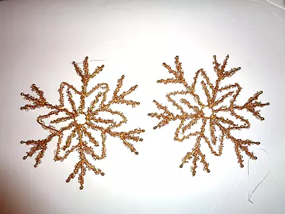 Vintage Large Snowflake Ornaments Gold Tone Metal With Clear Beads 6  • $9.99