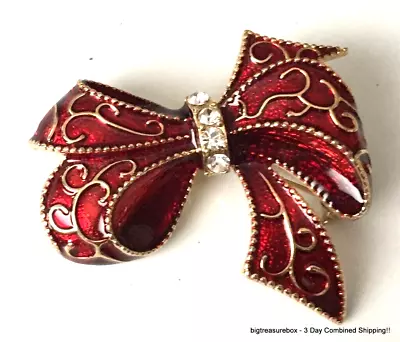 Vintage Brooch Pin SIGNED MONET Red Bow Rhinestone Gold Tone Jewelry Lot Y • $1.99