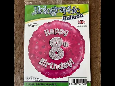 Happy 8th Birthday! Pink 18 Inch Round Helium Foil Holographic Balloon UNFLATED • £2.99