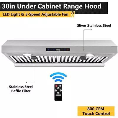 30in Under Cabinet Kitchen Range Hood 800CFM 3-Speed Remote Touch Control W/LEDs • $185.99