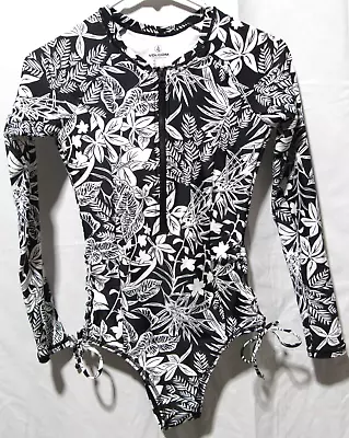 Volcom Branch Out Long Sleeve One Piece Swimsuit Black White Tropical Small • $34.99