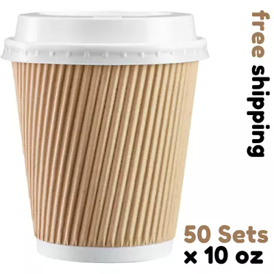 Insulated Ripple Takeaway Paper Hot Coffee Cups With Lids 50 Sets X 10 Oz • £9.90