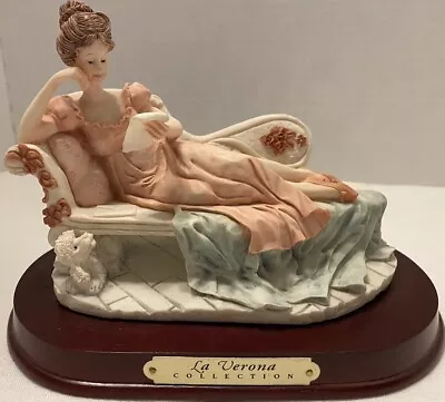 Vintage La Verona Figurine Reclining Lady Reading Chaise Lounge With Dog On Base • $21.95