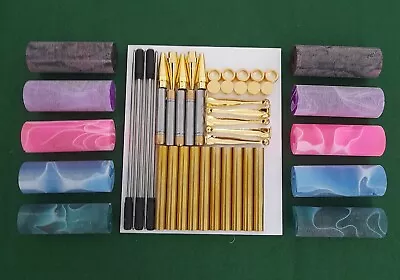 ACRYLIC PEN BLANKS PRE BORED   + 5  24CT GOLD  SLIMLINE   PEN KITS 7m NO 5 • £21.50