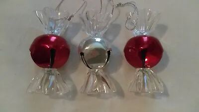 Vintage Christmas Ornaments Set Of 3 Wrapped Candy Jingle Bells Metal Plastic • $6.99