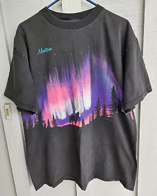 Vtg Montana 90s T-Shirt Single Stitch Graphic All Over Print Colorful Wolf Sz XL • $34.95