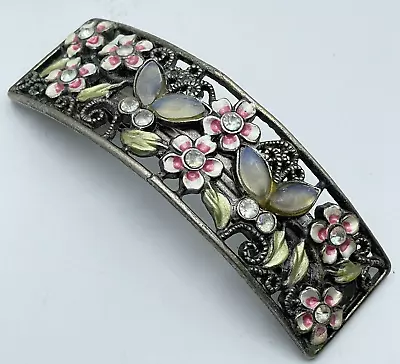 Hair Barrette Metal Scroll Enamel Flowers Jewels Filagree Vintage • $8.99