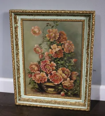 Vintage Oil Painting Of Still Life Pink Flowers In Indian Basket - Ornate Frame • $100