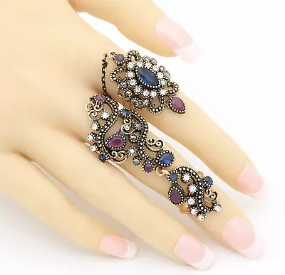 Vintage HighQ Antique Gold Turkish Red Blue Flower Double Finger Rings Resin  • $18.92