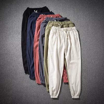 Men Cotton Linen Trousers Baggy Pants Harem Lace Up Elastic Waist Loose Casual • $28.88