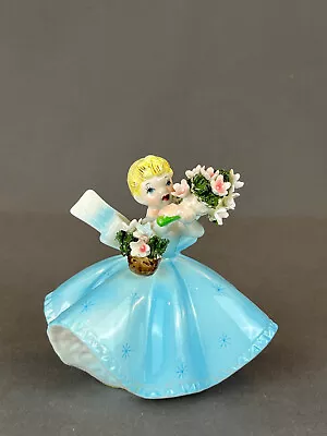 Lefton GIRL WITH FLORAL BOUQUET & BASKET Blue Dress 4 1/2  Figurine #1450 B • $34.99