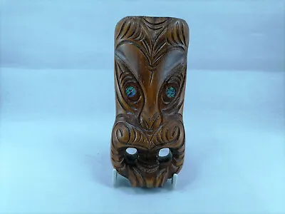Tribal Maori New Zealand Hand Carved Wood Abalone Paua Koruru Mask Wall Decor • $175