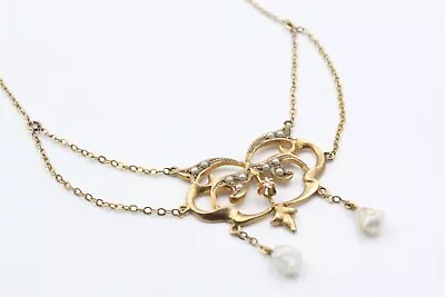 Antique Art Nouveau 14k Gold Mississippi River Pearl Diamond Festoon Necklace • $899