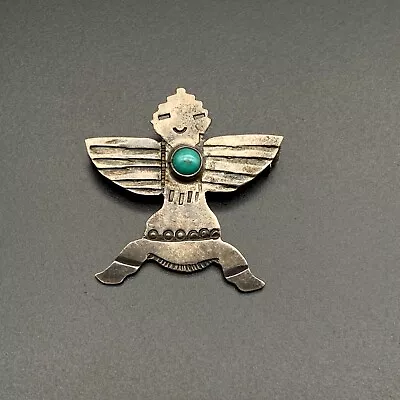 Vintage Navajo Kachina Turquoise Hand Stamped Silver Brooch Pin • $145