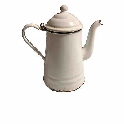 White Enamelware Coffee Pot With Gooseneck Spout Vintage Cottage Black Trim • $17