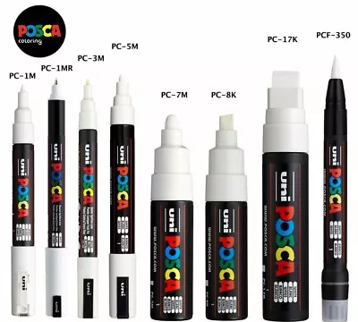 Uni Posca WHITE Paint Marker Pens PC-1M 1MR 3M 5M 7M 8K 17K PCF350 All Sizes • £4.49