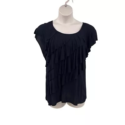 AB Studio Womens Knit Top Blouse Black Size XL Layered Ruffle Short Cap Sleeve • $7.97