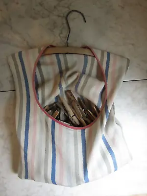 Vintage 1940s Blue Stripe Oversized Clothespin Bag With Wire Hanger • $24.99