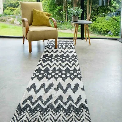 Black Tribal Flatweave Runner Rugs | Eco Cotton Indoor Rug |Zig-Zag Pattern Mat • £26.90