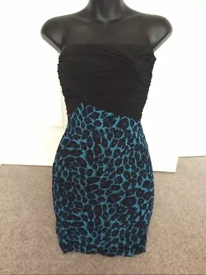 Jane Norman Blue Black Glitter Animal Leopard Bandeau Strapless Dress UK 0 4 6 8 • £288.88