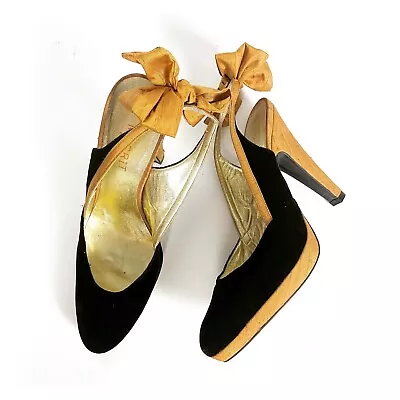 MAGRIT Sling Back Heels Yellow Silk Black Velvet Ribbon Cute Elegant Shoes 6UK • £42