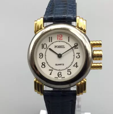 Vintage Fossil Watch Unisex Silver Gold Tone Blue Band Art Deco New Battery • $25.99