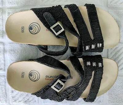 $24.99 • Buy EuroWellness Balance Sandals Shoes 36 5 Four Strap Black BEADED RHINESTONES EUC