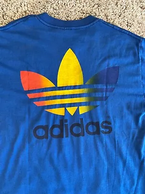 Vintage 80s Adidas Rainbow Trefoil T-Shirt Blue Large Future Stars Camp Promo • $59