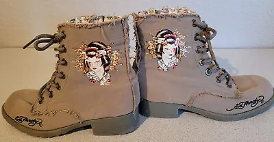 Ed Hardy Youth/women's Zip & Lace Up Boots Kiss Of Death Geisha Lady Size 5 • $39.38