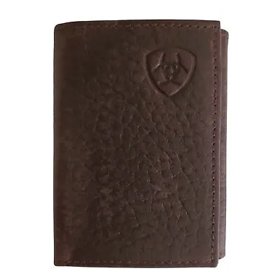 Ariat Mens Pebbled Leather Embossed Shield Logo Trifold Wallet Brown • $25