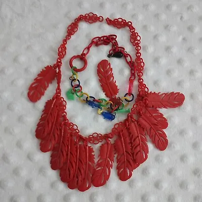 Antique Art Deco Child's Celluloid Necklace & Bracelet Leaves Red Crafting Lot • $36