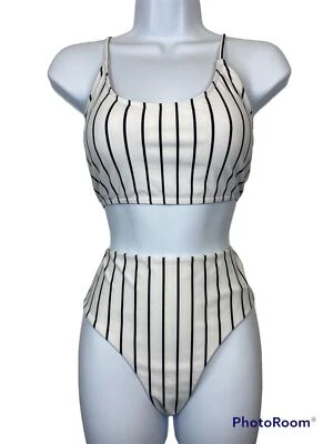 $2.99 • Buy Zaful Women Black & White Striped 2 Piece Bikini Swimsuit Size L Beach Pool