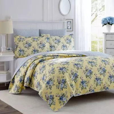 Laura Ashley Soft Cotton King Quilt Set Reversible Yellow Floral Classic 3-Piece • $93.75