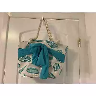 Mud Pie Turquoise Sarong Along Conch Nautilus Shell Coastal Beach Bag Tote • $17