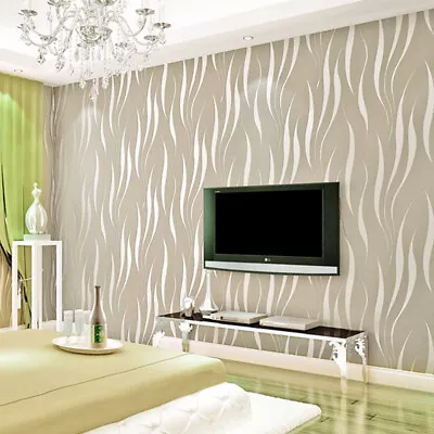 3D Pearlescent Wave Wallpaper Rolls Silver & Beige Embossed Non-woven Wall Paper • £8.94