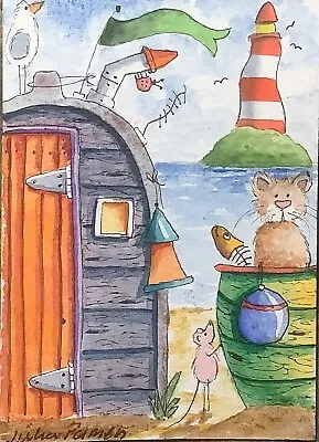 ACEO Original Watercolour Painting Seascape Beach Hut Cat  Mouse Lighthouse • £9.38