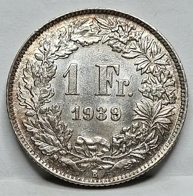 SWITZERLAND Helvetia 1 Franc Frank 1939 Bern XF - AU Silver Liberty Shield #C56 • $18