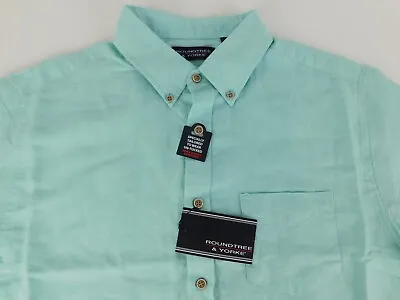 Roundtree & Yorke Mens Short Sleeve Turquoise Linen Blend Untucked Shirt L NEW • $23.99