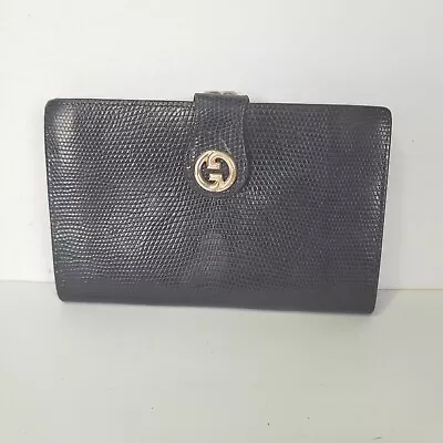 GUCCI GG Vintage Logo Leather Card Bill Wallet Medium Bifold Black Navy Kisslock • $95