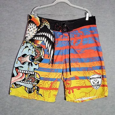 Ed Hardy Men Swimwear 38 Yellow Surreal Striped Ombre Board Shorts Skull Sunset • $29.96