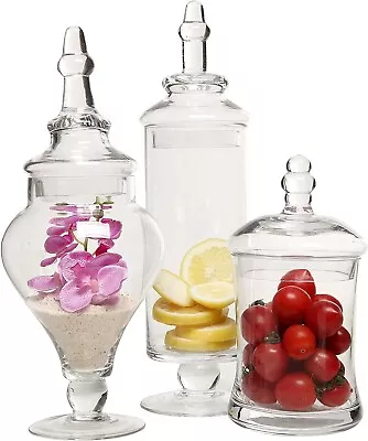 Designer Clear Glass Decorative Weddings Candy Buffet Apothecary Jars3 Pc Set • £62.66