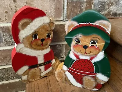 Handmade Wooden Santa & Mrs Claus Christmas Teddy Bears Decorations Decor • $29.99