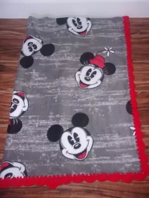 Mickey And Minnie Mouse -baby-grey Blanket-fleece-red Crochet-edge • $17.95