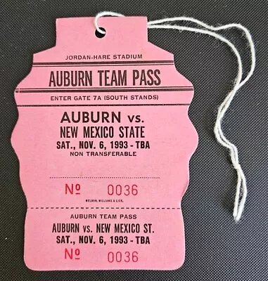 Auburn Tigers New Mexico State Football Ticket Stub Team Pass 11/6 1993 55 To 14 • $12.75