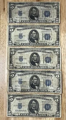 1934 Mixed Series $5 Dollar Bill Silver Certificate *LOT OF 5 AG/G Notes* • $79.99