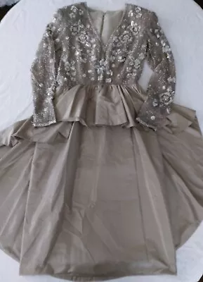 Vintage Victoria Royal Ltd Sequin Beaded Taupe Evening Ball Gown Formal Dress 10 • $69.99