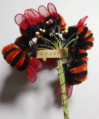 Authentic VTG Japan Chenille Orange & Black Jacket Bumble BEES Lot Of 12 Stems • $18