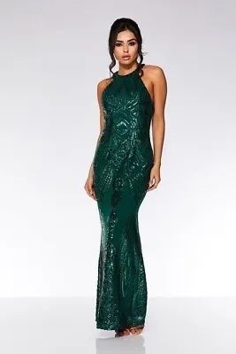 QUIZ Emerald Green Sequins Maxi Long Prom Ball Evening Occasion Dress Size 8 • £38.99